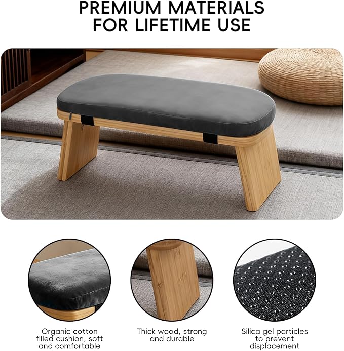 Natural Beech Wood Yoga Bench, Ergonomic Design for Kneeling, Meditation, Pilates, FSC Certified (Gray)