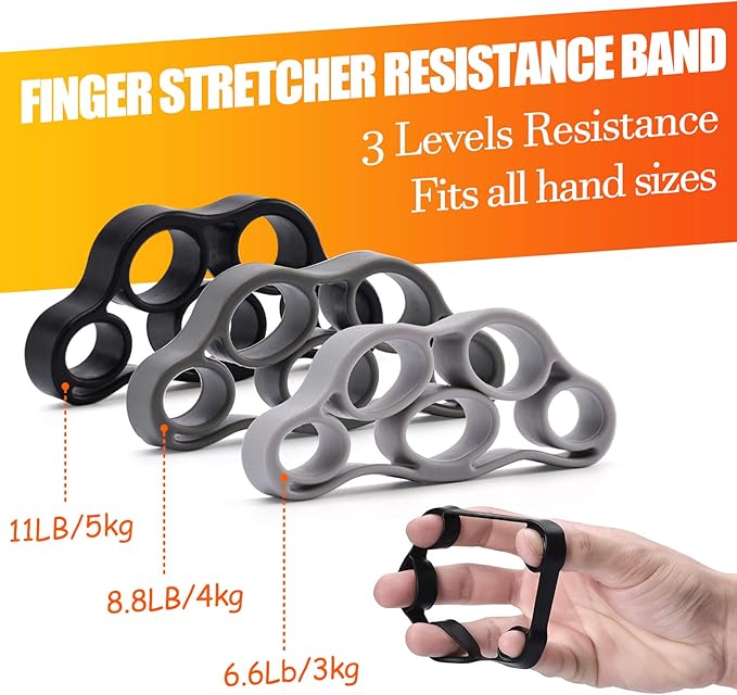 Grip Strength Trainer 7 Pack Adjustable, Finger Stretcher Resistance Extensor Bands, Finger Exerciser, Hand Gripper Strength Ring & Stress Ball