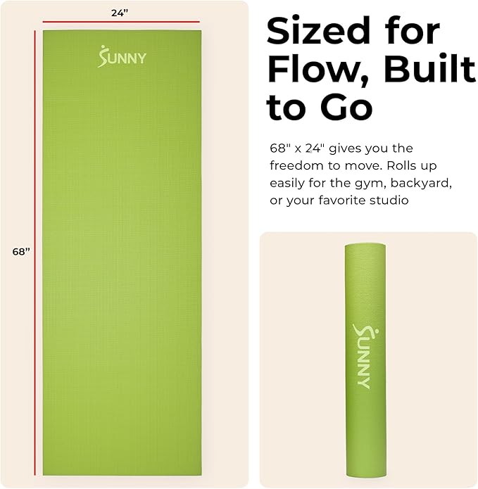 Sunny Health & Fitness Non-Slip Yoga Mat – Durable, Anti-Tear, Lightweight, Cushioned Support for Yoga, Pilates, Stretching Exercises, Meditation and Floor Workouts | Multiple Sizes & Colors
