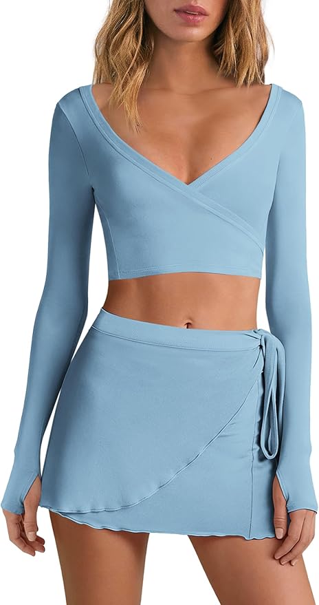 Nirovien Womens 2 Piece Workout Sets Sexy Pilates Outfits Athletic Gym Yoga Sets Ballet Wrap Top and Skirt