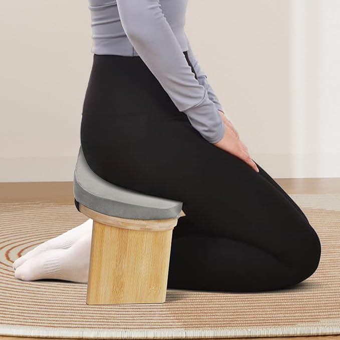 Meditation Bench Foldable & Ergonomic, Kneeling Meditation Stool with 5° Forward Tilt & 400lbs Capacity, Bamboo Meditation Stool with Detachable Velvet Cushion forYoga Prayer (Gray)
