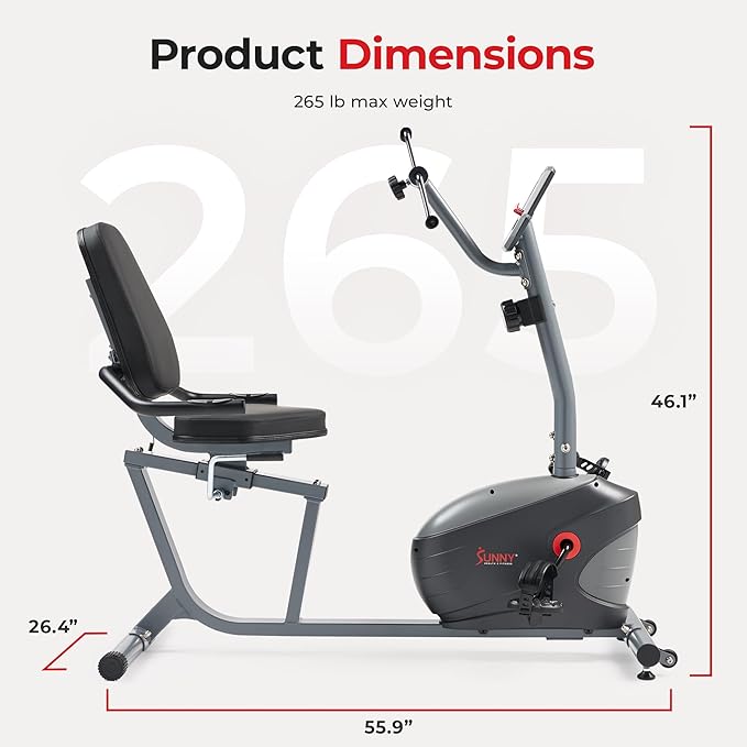 Sunny Health & Fitness Smart Magnetic Recumbent Bike, Home Cardio Trainer & Cycling Machine for Seniors, Free SunnyFit App Connection, Optional Hand Cycle, Resistance Bands, or Pulse Sensors