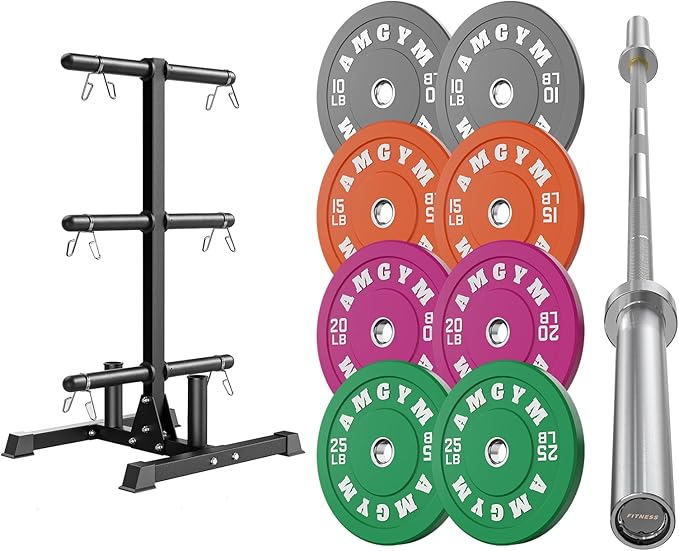 Weight Plate Tree Rack & Weight Set, Strength Training Plate Storage Stand and Barbell Holders for Home Gym, 1100 lb Weight Capacity, Fits Both 1" and 2" Bumper Plates