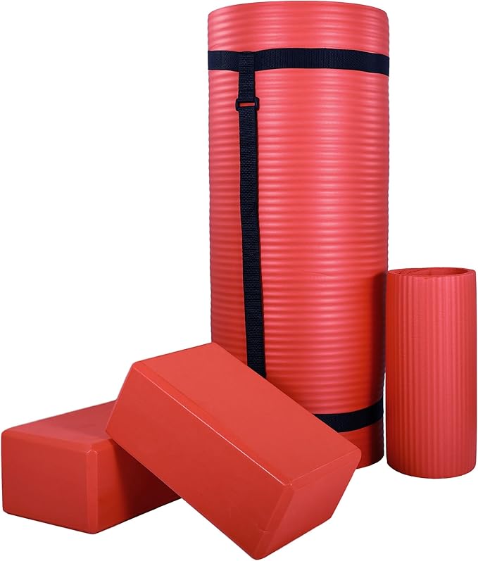 BalanceFrom 71x24 Inches Yoga Mat with Knee Pad and Optional Blocks – Extra 1-Inch Thick Non-Slip Foam with Anti-Tear Surface and Carrying Strap for Home, Studio, or Gym Workouts