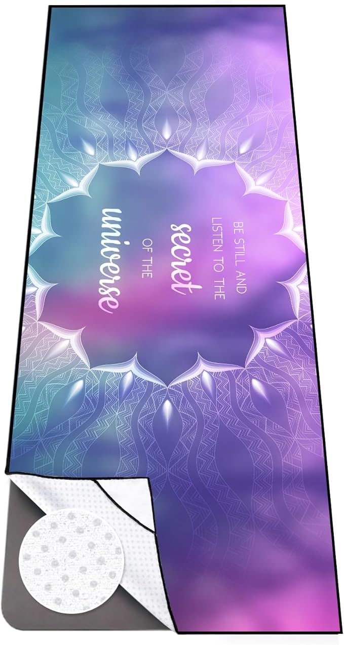 Colorful Star Large Yoga Towel with Corner Pockets, Non Slip Grip Dots Absorbent Hot Yoga Mat Towels, Yoga Blankets with Travel Bag, Mat Cover for Workout, Gym, Fitness - 74"x26", Purple Blue Lotus