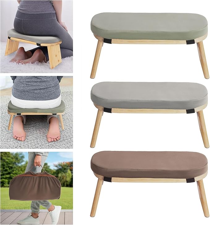 Folding Bamboo Meditation Stool, Meditation Bench with Velvet Cushion & Carry Bag, Travel Meditations Seat, Comfortable Folding Kneeling Stool Chair for Mindfulness, Zen Practice Coffee