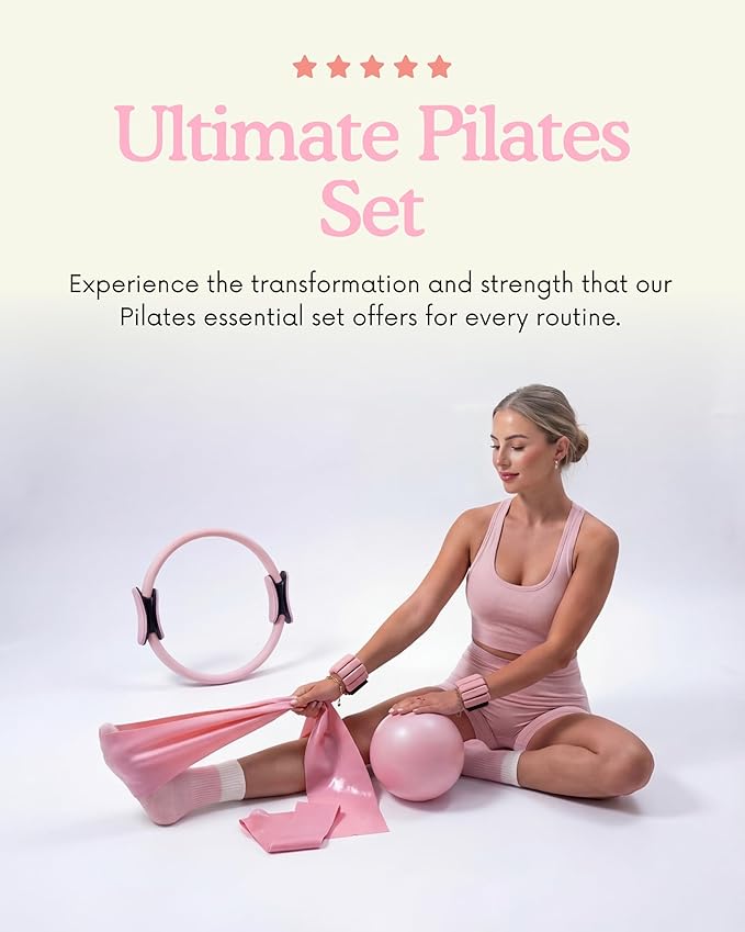 Pilates Equipment Kit for Home Workout, Pilates Kit, Pilates Ring Set, Pilates Ball, Adjustable Ankle And Wrist Weights, Resistance Bands, Grip Socks, Instruction Guides, Women Essentials Starter Set
