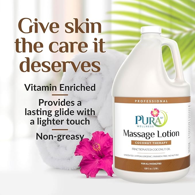 Coconut Therapy 1 Gallon Massage Lotion, Coconut Oil, Professional, Massage Therapy, Deep Tissue, Unscented, Natural Ingredients, Skin Hydrating, Moisturizing, Muscle Relief, for Bruising