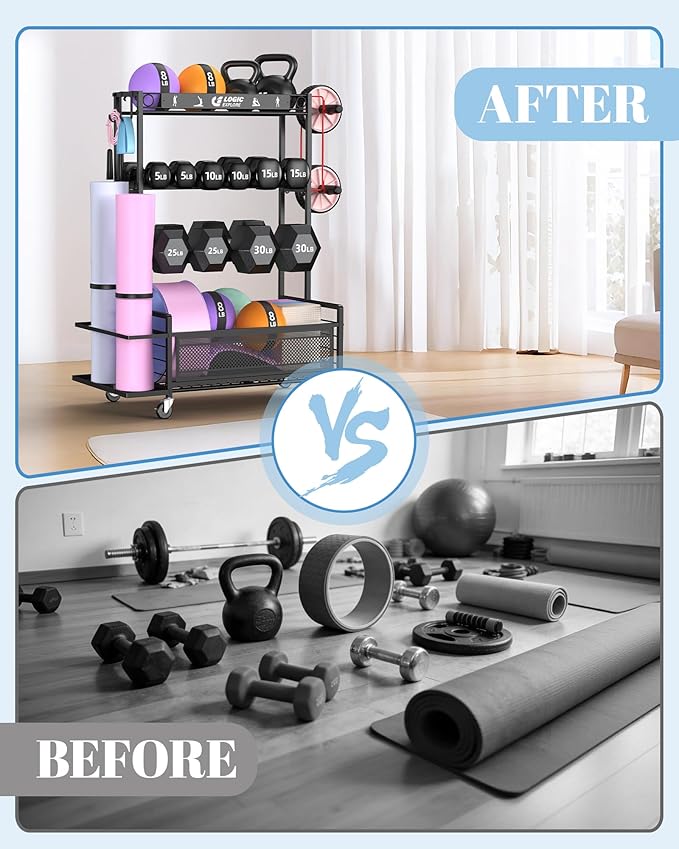 Dumbbell Rack Weight Storage Stand, Adjustable Weight Rack with Wheels, Metal Workout Equipment Storage Organizer, Home Gym Storage Organizer for Dumbbells, Kettlebells, Yoga Mat, Foam Roller