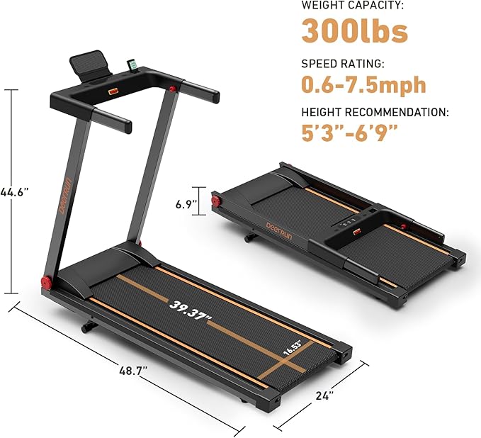 DeerRun Foldable Treadmill for Home with 6% Manual Incline & Handlebar, Compact Folding Walking Pad Treadmill for Walking, Jogging & Running, 0.6-7.5 MPH, 300 lb Capacity, App & Remote Control