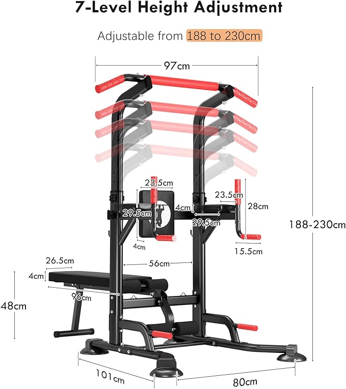 SogesHome Multi-Function Power Tower Pull Up Bar Dip Station, Home Gym Adjustable Height Fitness Workout Equipment with Foldable Dumbbell Stool, 330LB Capacity for Push-Ups, Sit-Ups, Strength Training