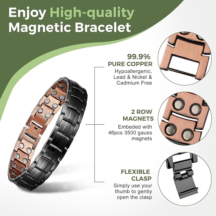 MagEnergy Mens Copper Magnetic Bracelets, 99.9% Pure Copper Bracelet with Double-Row Strength Magnets, Adjustable Jewelry with Sizing Tool