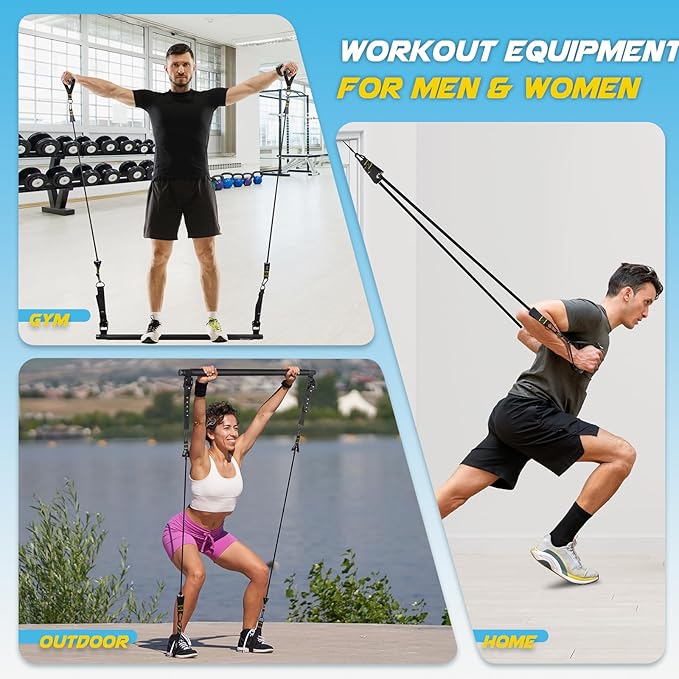 Pilates Bar Kit with Resistance Bands, Multifunctional Metal Exercise Bar with Heavy-Duty Metal Adjustment Buckle, Portable Home Gym Pilates Resistance Bar Kit for Heavy Weight Training Men&Women