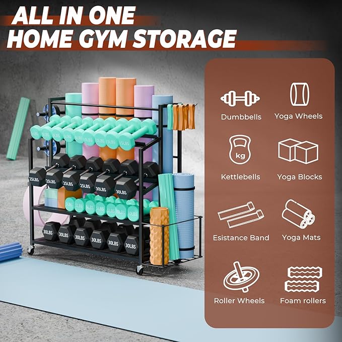 Dumbbell Rack Weight Stand - Adjustable Weight Rack for Dumbbells, Home Gym Storage Rack for Yoga Mat Foam Roller Kettlebells, Workout Equipment Storage Organizer With Wheels