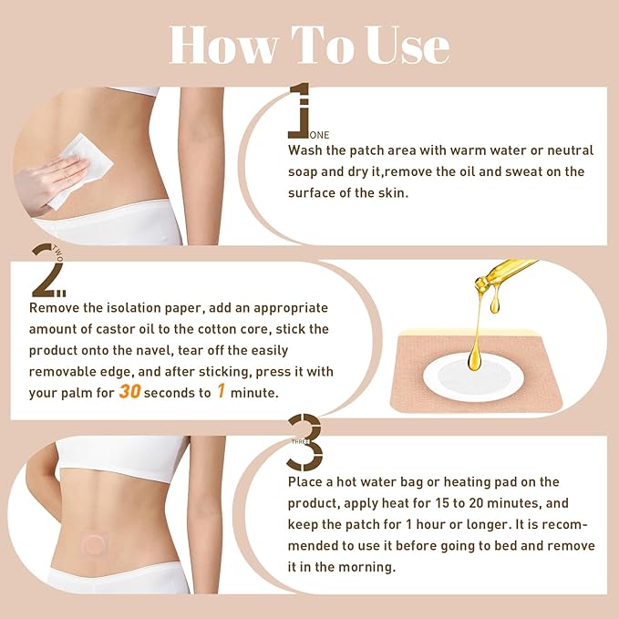 48Pcs Castor Oil Patches, Organic Cotton Castor Oil Pack Wrap Breathable, Self-Adhesive Pads for Belly Button Patch Portable, Anti Leakage No Wash