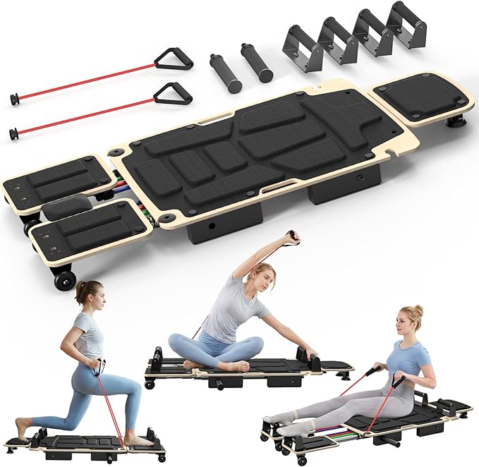 Pilates Board Reformer for Home Workout, 5-in-1 Pilates Equipment with Dual & Split Foot Pads, Smooth Sliding Rail System, Adjustable Headrest for 110–190cm, Core & Full-Body Training