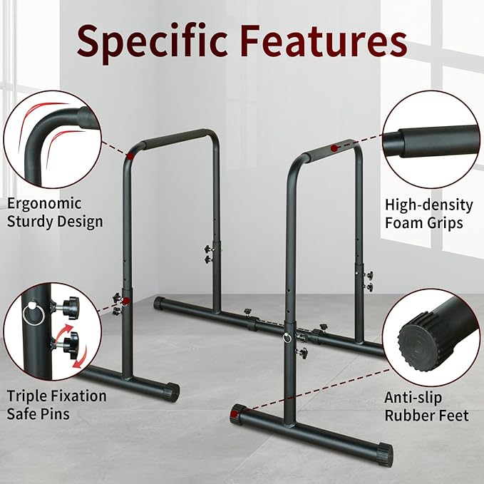 Power Tower Dip Station Pull Up Bar Stand Heavy Duty 550 LBS Capacity, Adjustable Height Multi-Function Home Gym Equipment for Pull Ups Dips Push Ups Strength Training