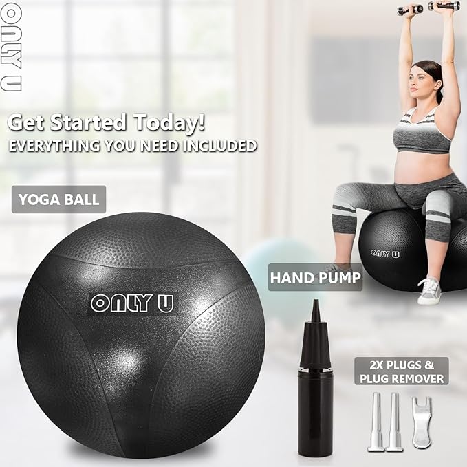 only U Premium Yoga Ball, Exercise Ball, Fitness, Balance and Stability Ball, 65cm Size, Eco-Friendly PVC, Anti Burst, Inflatable, Heavy-Duty Exercise Ball, Black, Hand Air Pump Included, Brand