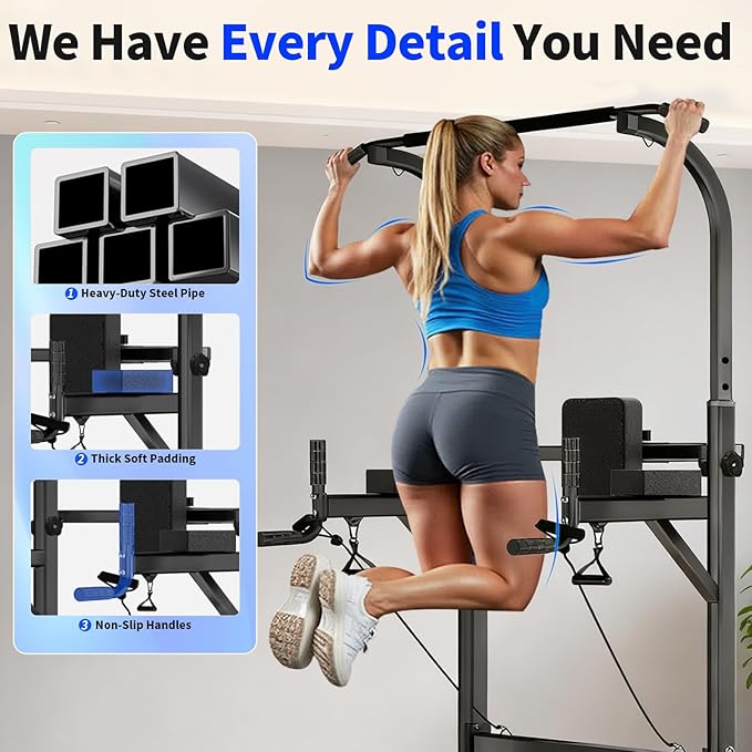 Pull Up Bar Power Tower Dip Station, Adjustable Strength Training Equipment for Home Gym Workout, Multi-Function Pull Up and Dip Bar