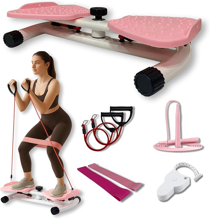 Ultra-Quiet Waist Twisting 5-in-1 Exercise Bundle - Ab Twister Board With 2 Resistance Bands, 1 Length Adjustable Jump Rope, an Automatic Waist Measuring Tool and Workout Guide - 300LB Capacity - Workout Bundle Perfect for Men and Women Looking for At-...