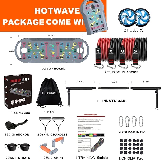 HOTWAVE Portable Exercise Equipment with 16 Gym Accessories,20 in 1 Push Up Board Fitness,Resistance Bands with Ab Roller Wheel,at Home Workout for Men