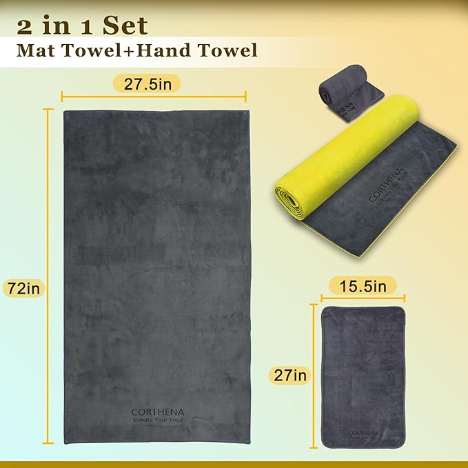 Yoga Mat Towel with Hand Towel, Extra Thick (600GSM) Soft Hot Yoga Towel, Non-Slip and Sweat Absorbent for Hot Yoga, Bikram, Pilates, and Fitness, 72" x 27.5", Dual-Color, Grey/Yellow