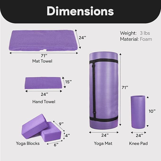 BalanceFrom 7-Piece Yoga Set with 71x24x0.5 Inches Extra Thick Mat and Carrying Sling – Includes 2 Blocks, Stretch Strap, 2 Towels, and Knee Pad for Home, Studio, and Gym Workouts