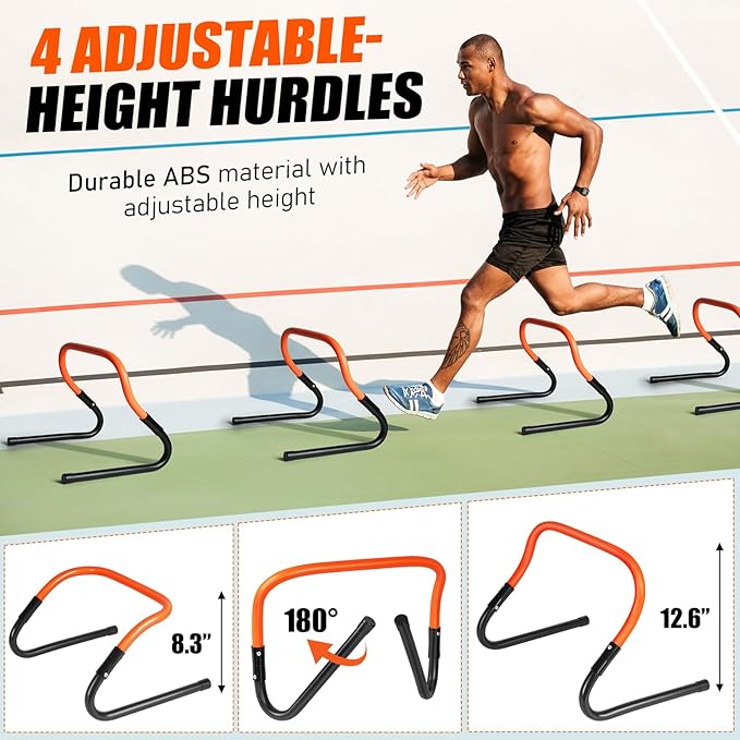 Agility Speed Training Equipment Set, Football Practise Set with 20ft Agility Ladder, 12 Cones, 4 Adjustable Hurdles, Jump Rope, for Basketball, Soccer Training, Football, Kids, Youth, Adults