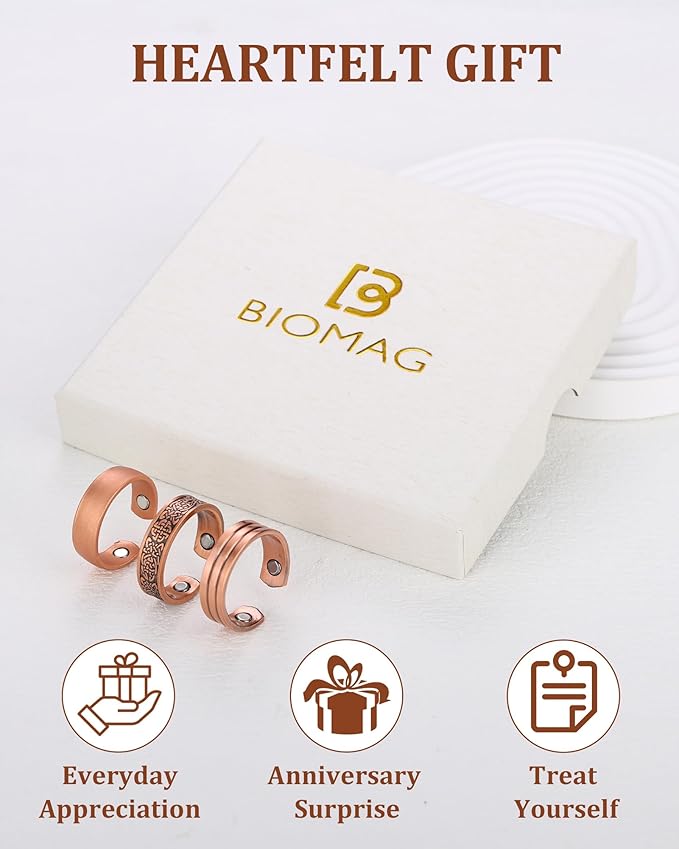 BioMag 3Pcs Lymphatic Drainage Copper Ring for Men Women, 99.99% Pure Copper Magnetic Rings, Jewelry Box