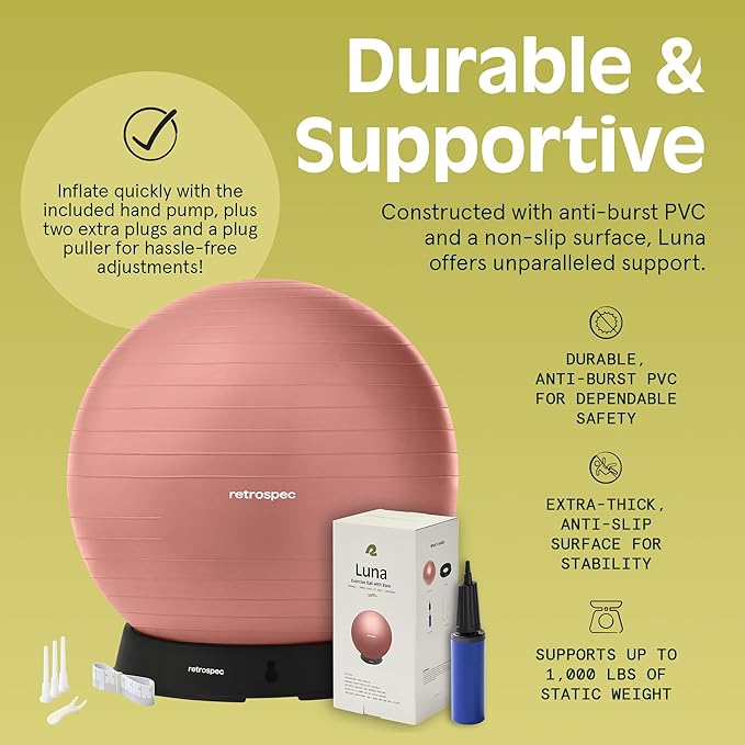 Retrospec Luna Exercise Ball with Pump - Anti-Burst Fitness Equipment for Yoga, Core Training & Stability - Home Gym Swiss Ball for Office & Pregnancy