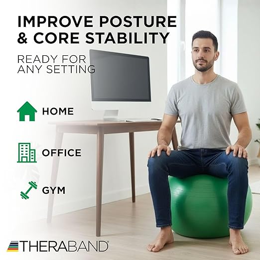 THERABAND Exercise Ball, Stability Ball with 65 cm Diameter for Athletes 5'7" to 6'1" Tall, Standard Fitness Ball for Posture, Balance, Yoga, Pilates, Core, & Rehab, Green