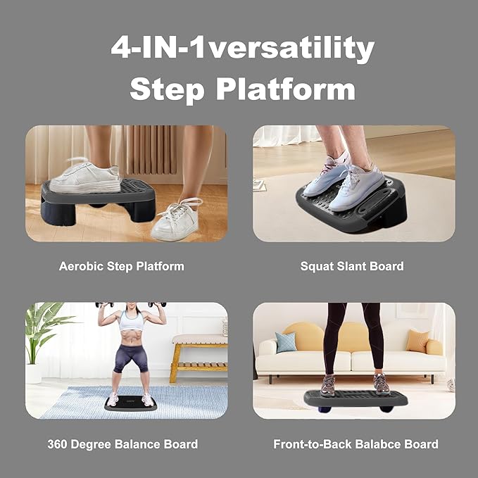 4-In-1 Balance Board and Stepper Exercise Platform - Aerobic Step Adjustable Home Workout Slant Board, Non Slip Soft cushion - With Home Workout Suggestions