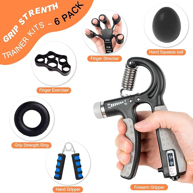 CYFIE Grip Strength Trainer Kit, Adjustable Hand Gripper Strengthener, Forearm Strengthener & Finger Exerciser Set with Finger Stretcher, Stress Ball & Grip Ring for Athletes, Rock Climbing & Rehab