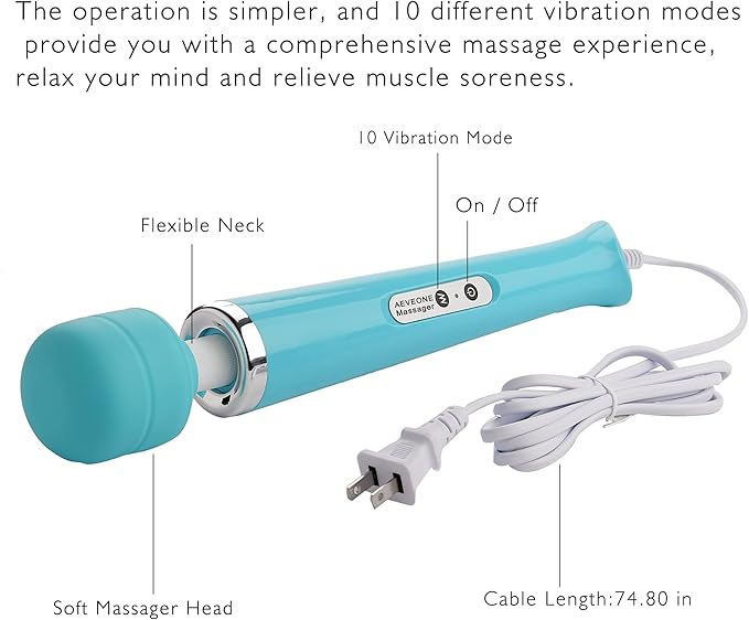 Wired Powerful Handheld Electric Massager with Strong 10 Modes Personal Back Massage for Sports Recovery, Muscle Aches, Relaxing Body (Light Blue)