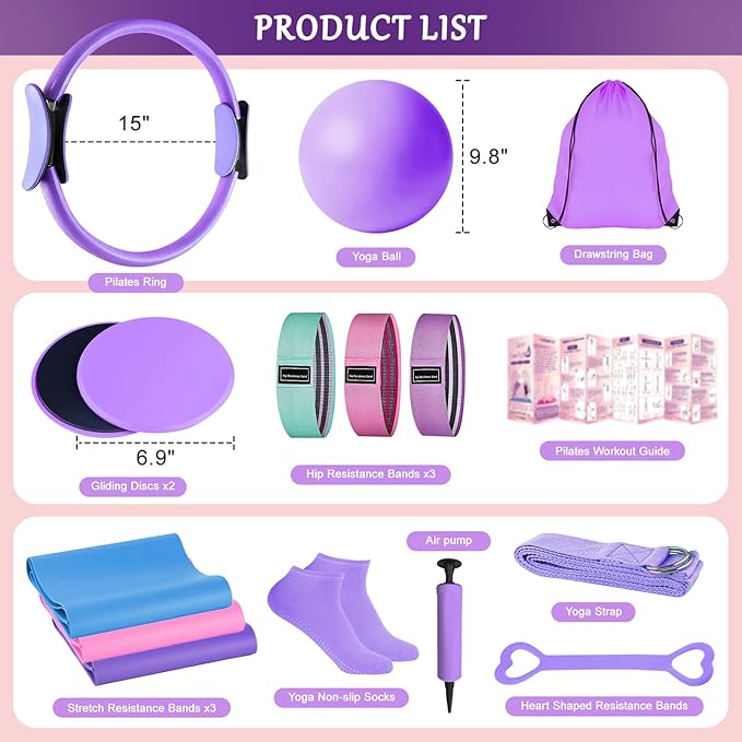Home Pilates Kit for Women, Pilates Ring Set, Pilates Equipment Kit for Women Home Workouts, Pilates Essentials Kit with Pilates Ring and Ball, Resistance Bands for Strength, Toning, Flexibility
