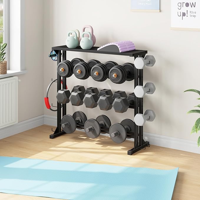 HOOBRO 4-Tier Dumbbell Rack, Weight Rack Heavy-Duty Weight Stand with Non-Slip Floor Protection & Side Hooks, Multi-Tier Storage Organizer for Home and Professional Gym Use, Black BK87CJ01N1