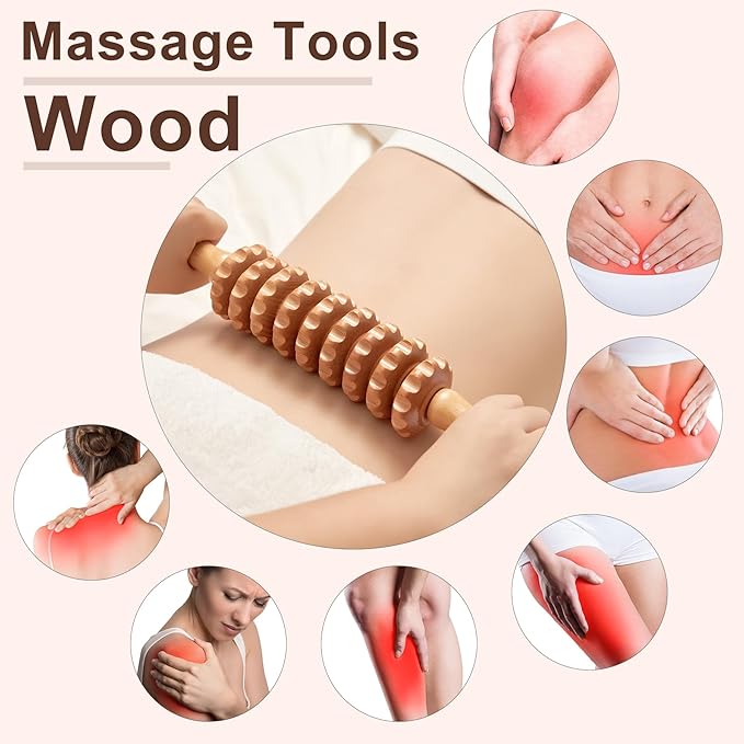 Wood Cellulite Massage Roller Wood Therapy Massage Tools Body Roller Fascia Blaster Lymphatic Drainage Massager for Legs Thighs Muscle Pain Relief(White (White 9-Wheel)