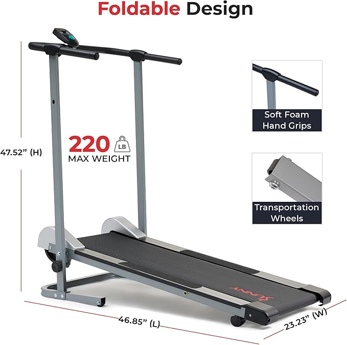 Sunny Health & Fitness Walking Pad Treadmill with Handle, Manual Compact Foldable Design Walking Running Non-Slip Surface Treadmill with Fixed Incline, LCD Monitor, Bluetooth Optional