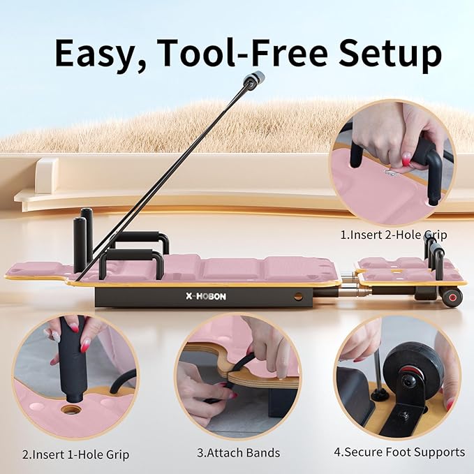 Pilates Board Reformer for Home Workout, Reformer Board, Glide Board, Sliding Rails, Maple Wood Deck & High-Strength Steel Rails, Adjustable Resistance Bands, PU Wheels, Quick Assembly