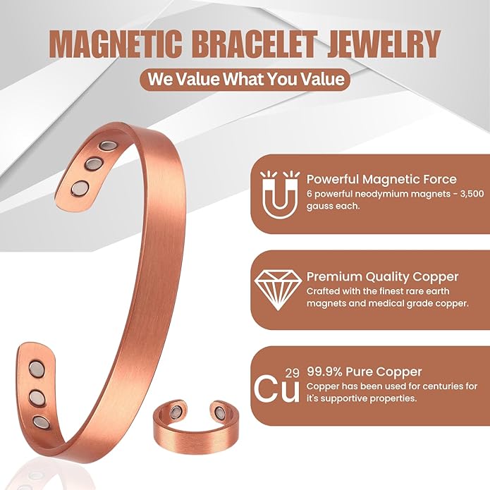 Copper Bracelet for Men and Women, Strength Mens Magnetic Copper Bracelets with 3,800 Gauss Magnets, 99.99% Pure Solid Copper, Handmade Copper Jewelry Gift