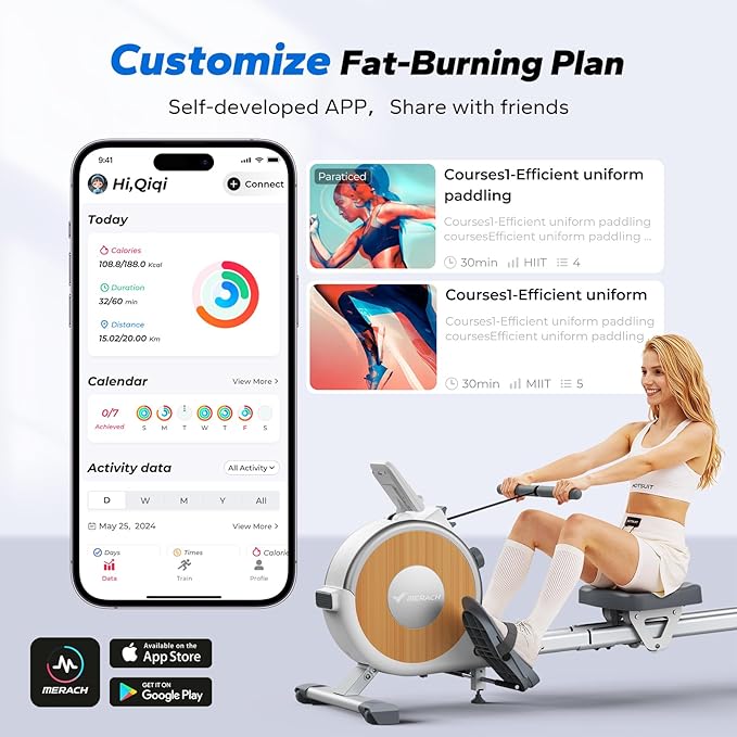 MERACH Rowing Machines for Home, Magnetic Rowing Machine with 16 Levels, Rower Machine of Quiet Resistance, Dual Slide Rail with Max 350lbs Weight Capacity, App Compatible