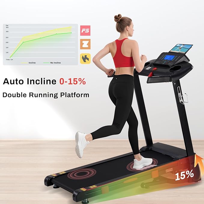 15% Auto Incline Treadmills for Home, 10 MPH Speed, 3.0 HP Foldable Treadmill, 18" Wider Belt, 36 Programs, Running Treadmills for Home with Bluetooth APP