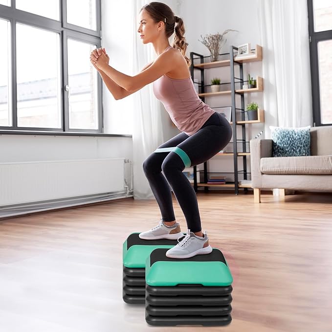 16" x 16" Adjustable Exercise Aerobic Step Platform Fitness Stepper with 4 Removable Risers 4'' - 6'' - 8''-10''-12'' Height for Home Gym Cardio Strength and Training