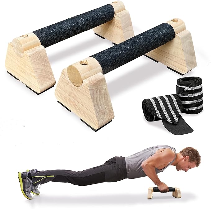 Parallettes Bars, Wooden Push Up Bars with Wrist Wraps for Men & Women, Handstand Training Bars for Home Gym, Non-Slip Calisthenics Equipment, 440lbs Durable Floor Push Up Handles