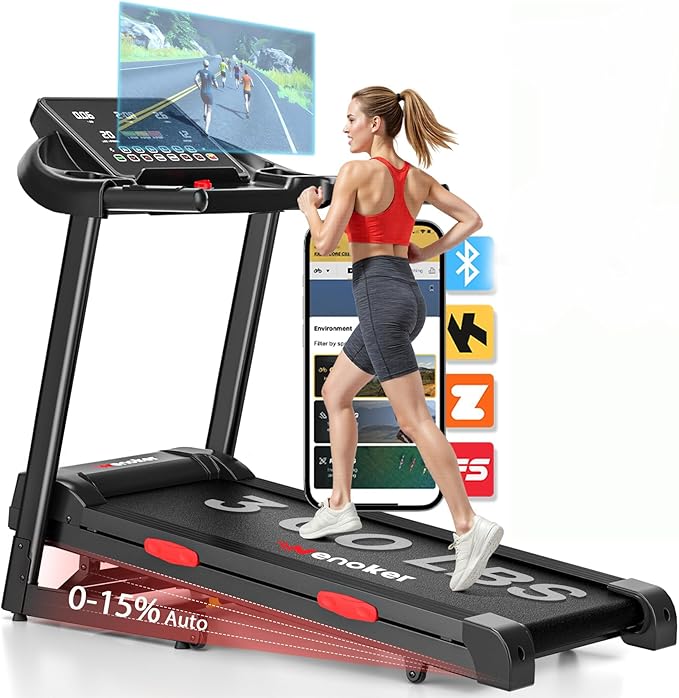 Treadmill with Incline for Home, WENOKER 15% Auto Incline Treadmill with Handrail 300 lbs Capacity, 3.0HP Quiet Walking Pad Tread mill with App, Portable Folding Tread mill with Heart Rate & Wide Belt