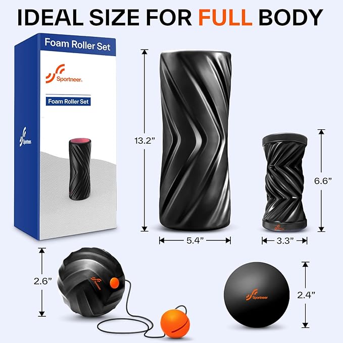 Sportneer 4 in 1 Foam Set, Muscle Relax Kit with 2 Textured Foam Rollers, Stringed Exercise Ball, Lacrosse Ball for Muscle Shoulder Back Leg Whole Body Relax Fitness Yoga
