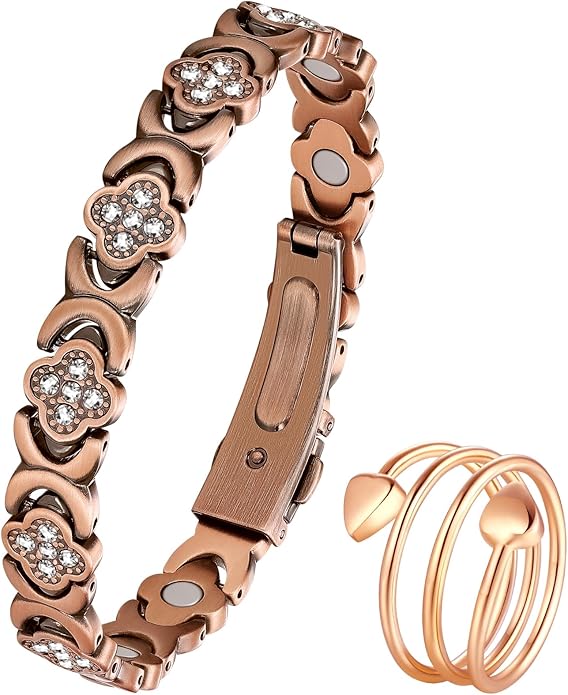 99% Pure Copper Bracelet, Copper Magnetic Bracelet & Ring for Women with Ultra Strength Neodymium Magnets, Clover Jewelry with Sparkling Cubic Zirconia