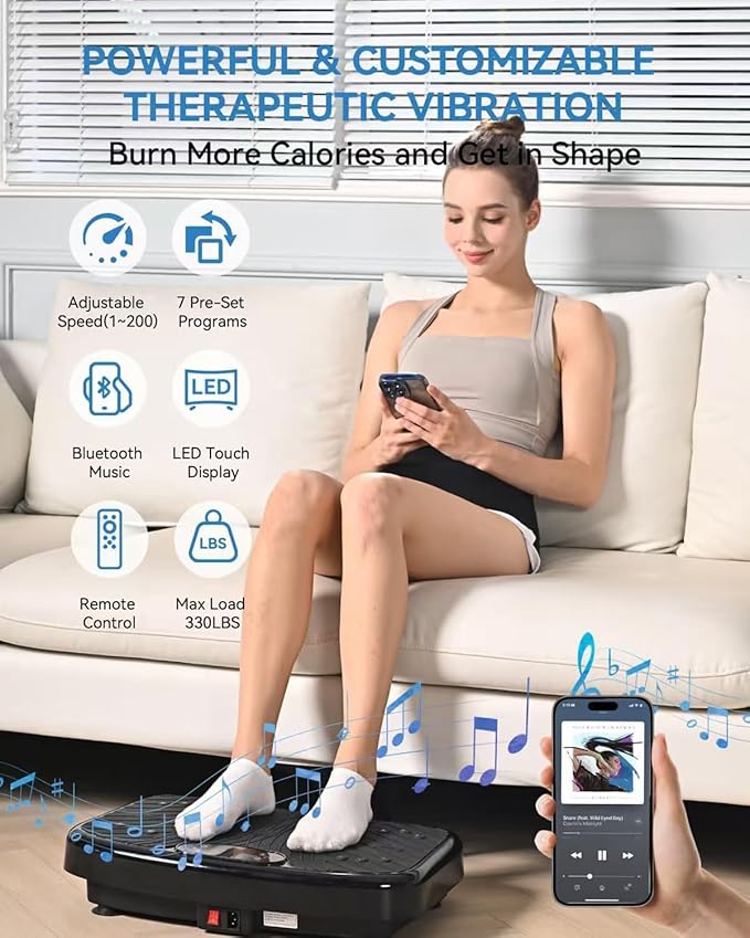 Vibration Plate Exercise Machine, Vibrating Plate Platform for Lymphatic Drainage with 200 Adjustable Speeds, Power Vibration Plate for Weight Loss & Fitness, Supports Weight 450 Lbs