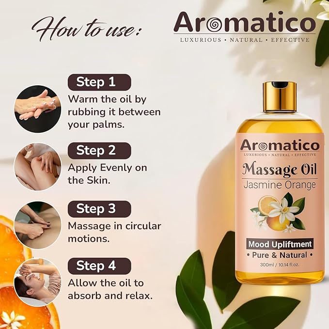 Massage Oil with Jasmine & Orange Essential Oils – Infused with Sesame, Almond & Jojoba Oils – Full Body Massage Oil for Relaxation – for Men & Women – 10 Fl Oz