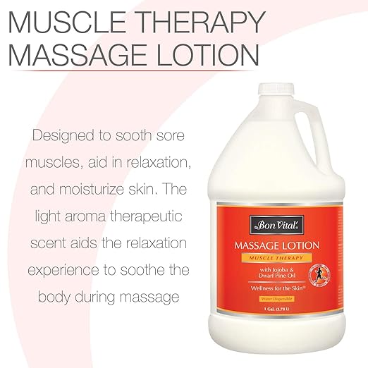 Bon Vital' Muscle Therapy Massage Lotion, 1-Gallon, Infused with Dwarf Pine and Essential Oils, Professional Lotion for IASTM and Graston Massage, Non-Greasy, Unscented